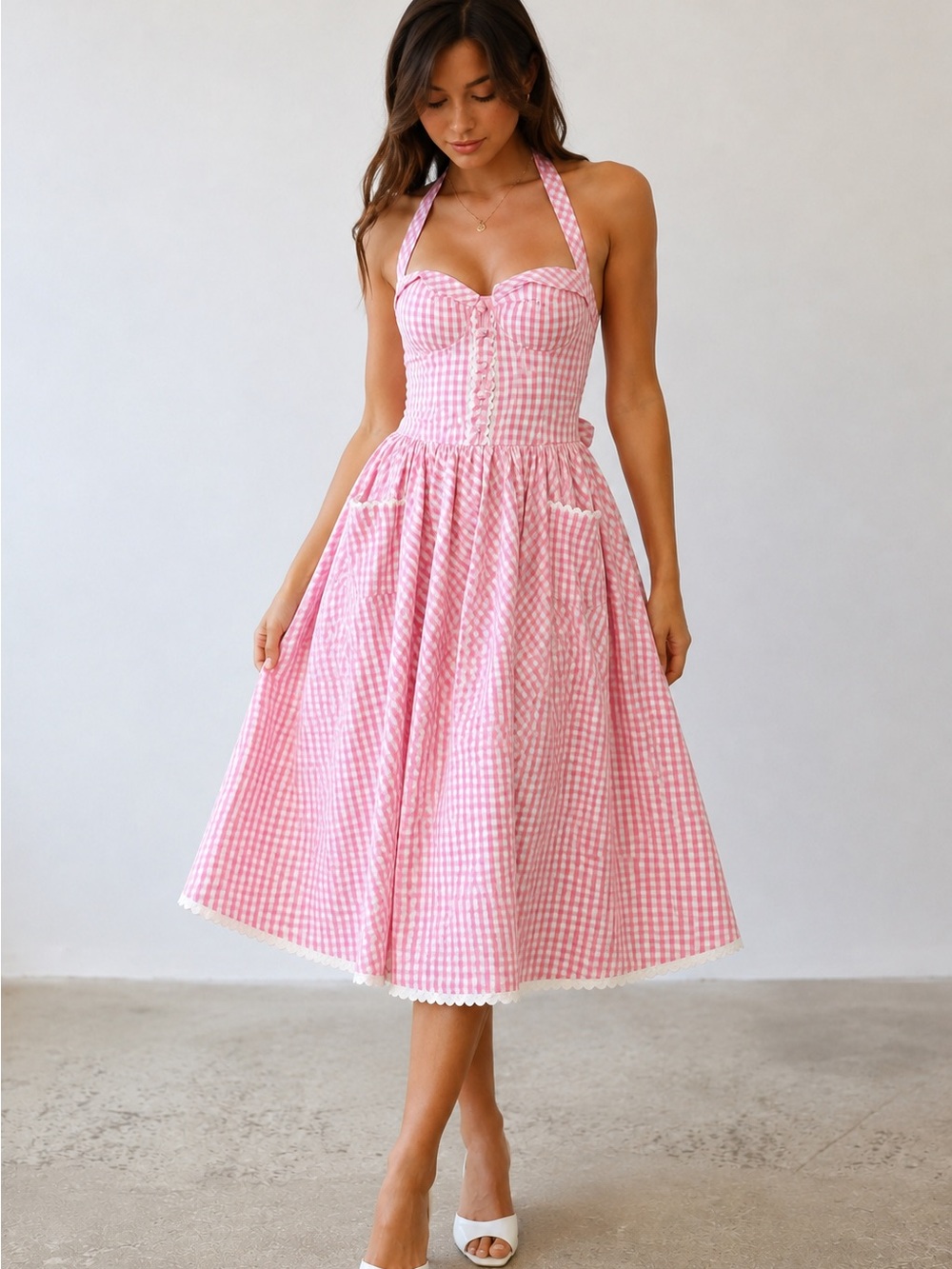 NWT HELL BUNNY VIXEN Vintage-Inspired Gingham Checkered Halter Midi Dress